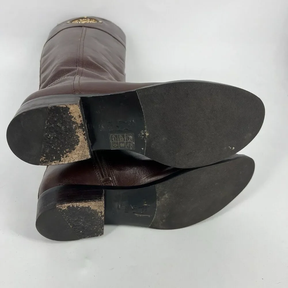 Tory Burch Kiernan Boots Size 7.5 Womens Brown Western Leather Riding Gold Logo